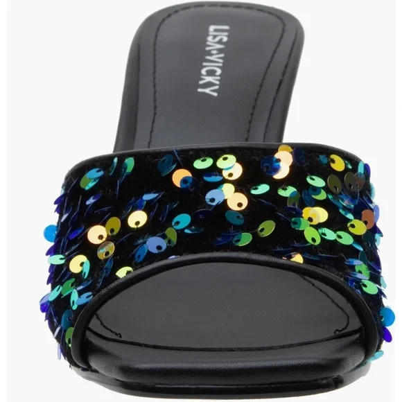 Nordstrom Lisa Vicky "Pretty" slide on sandal, multicolor sequin size 7 NIB - Picture 3 of 5